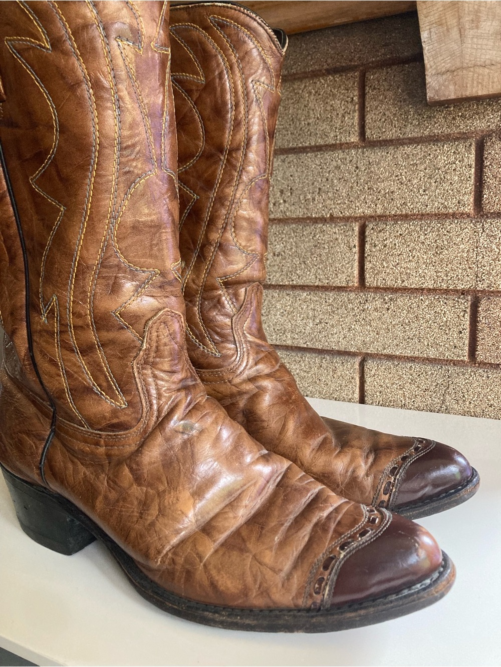Vintage Brown Leather Cowboy Boots with Dark Brown Cap Toe